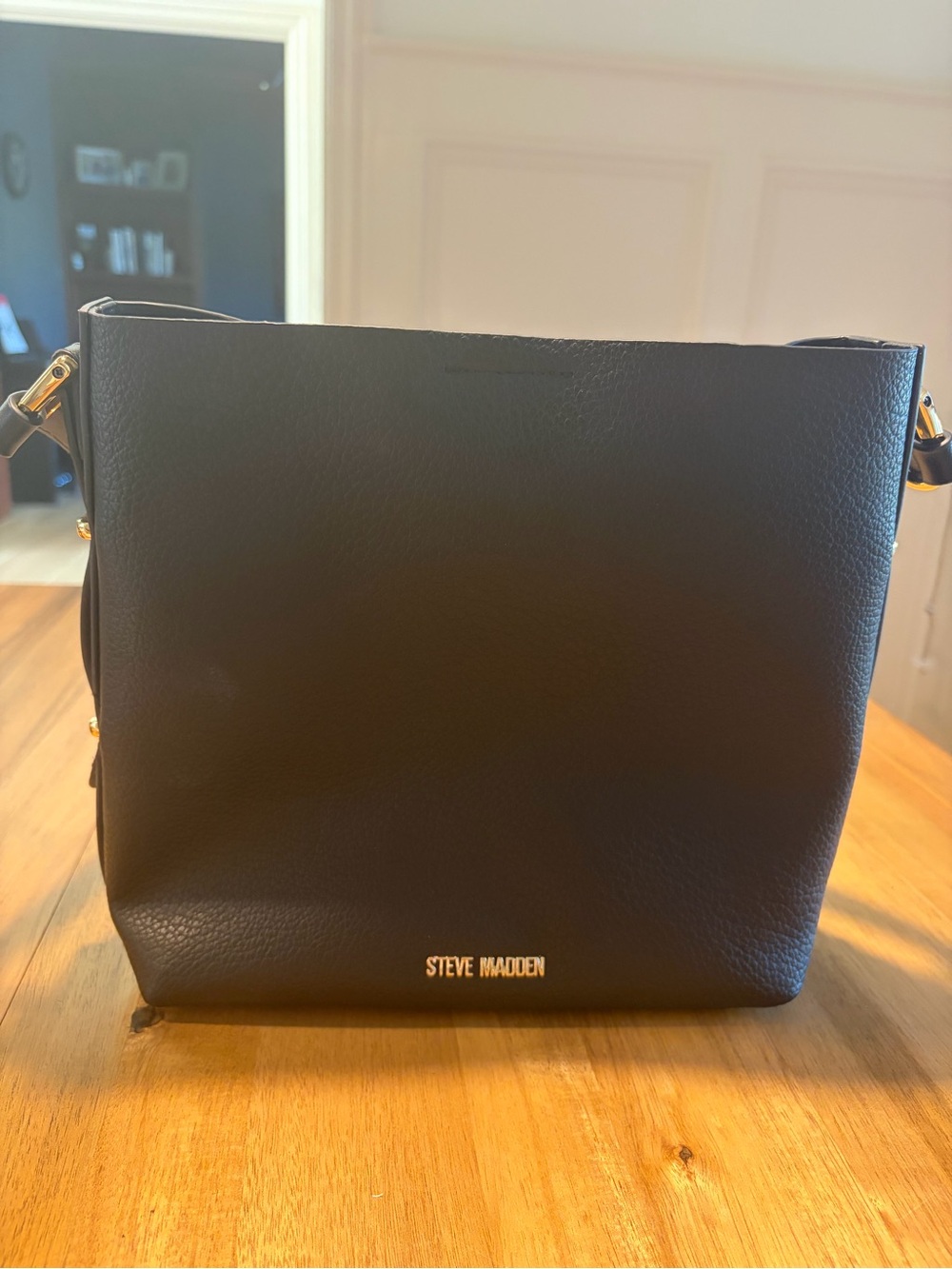 Steve Madden Black Pebbled Leather Messenger Bag with Gold Hardware